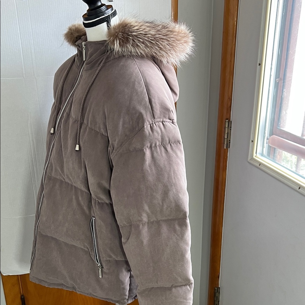 Anne Klein II, real down, Brown Hooded Jacket with Faux Fur Trim - Picture 6 of 11